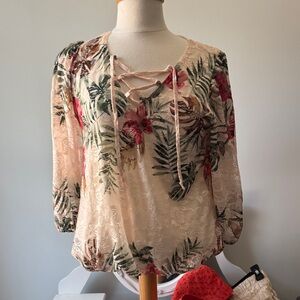 Floral Lace-Up Blouse - Cream and Red